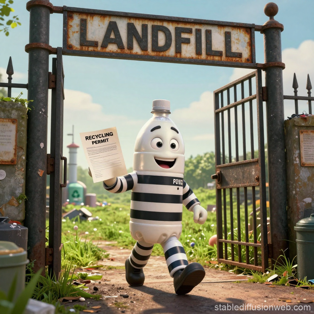 Happy Plastic Bottle Character Leaving Landfill with Recycling Permit