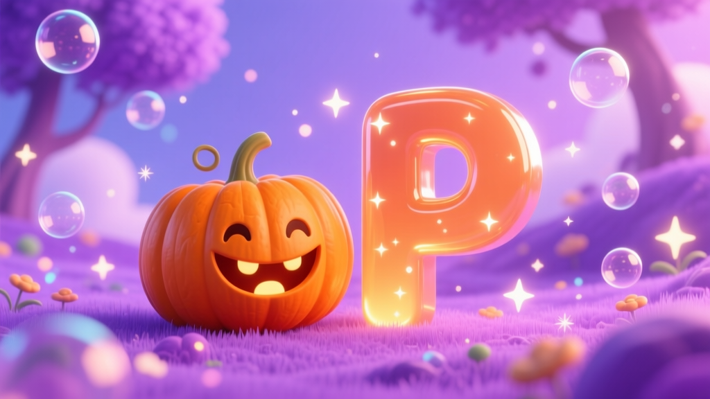 Happy Pumpkin with Glowing Letter P in Dreamy Purple Landscape