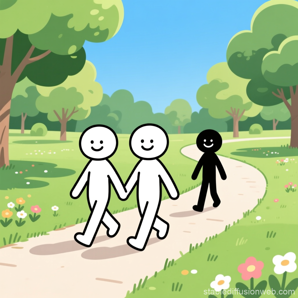Happy Stick Figures Walking in a Sunny Park