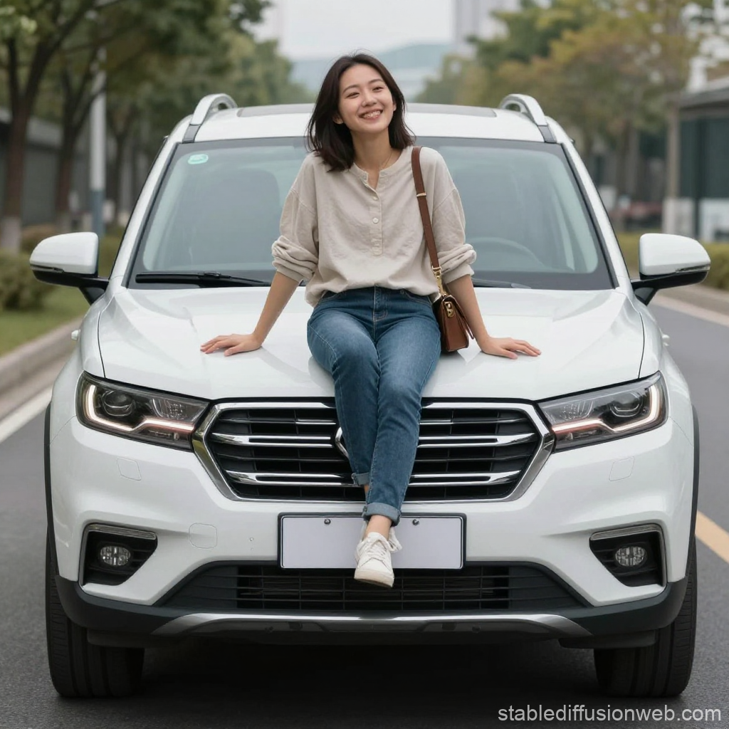 Happy Woman Sitting on Hood of New White SUV