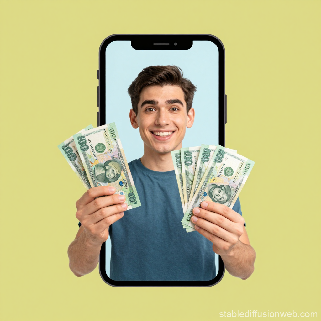 Happy Young Man Holding Money Emerging from Phone Screen