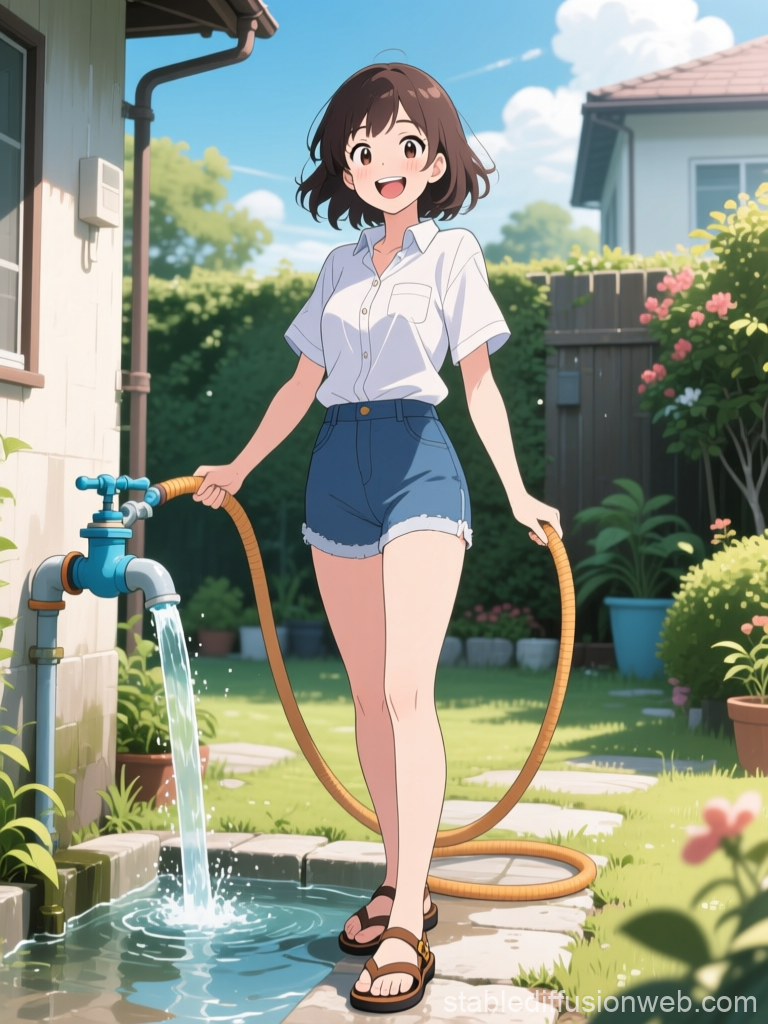 Happy Young Woman Watering Garden in Summer