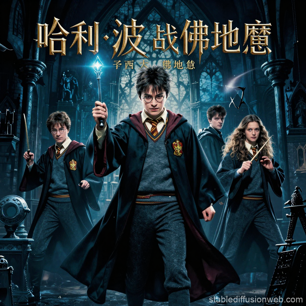 Harry Potter and Friends Casting Spells in Gothic Hall