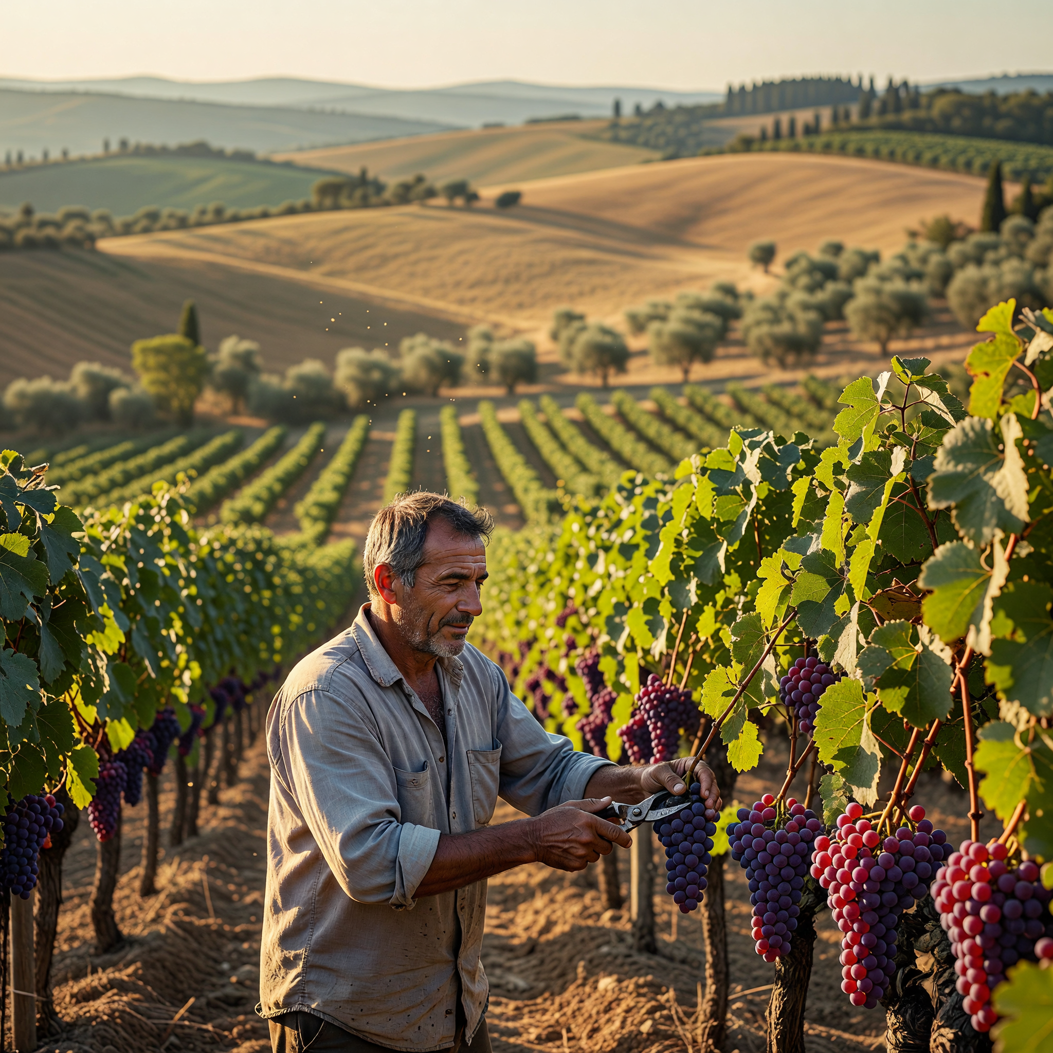 Harvesting Grapes in a Golden Italian Vineyard