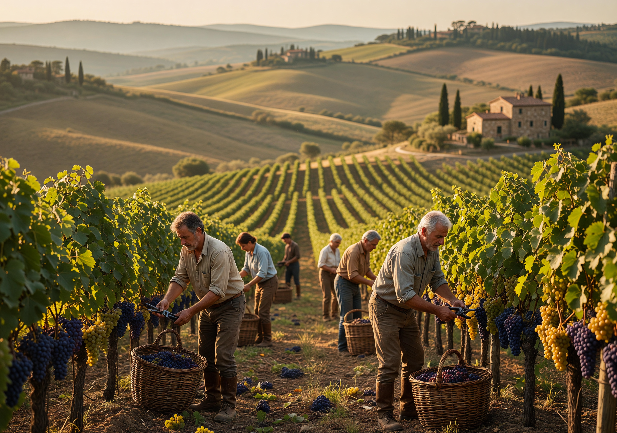 Harvesting Grapes in a Tuscan Vineyard at Golden Hour