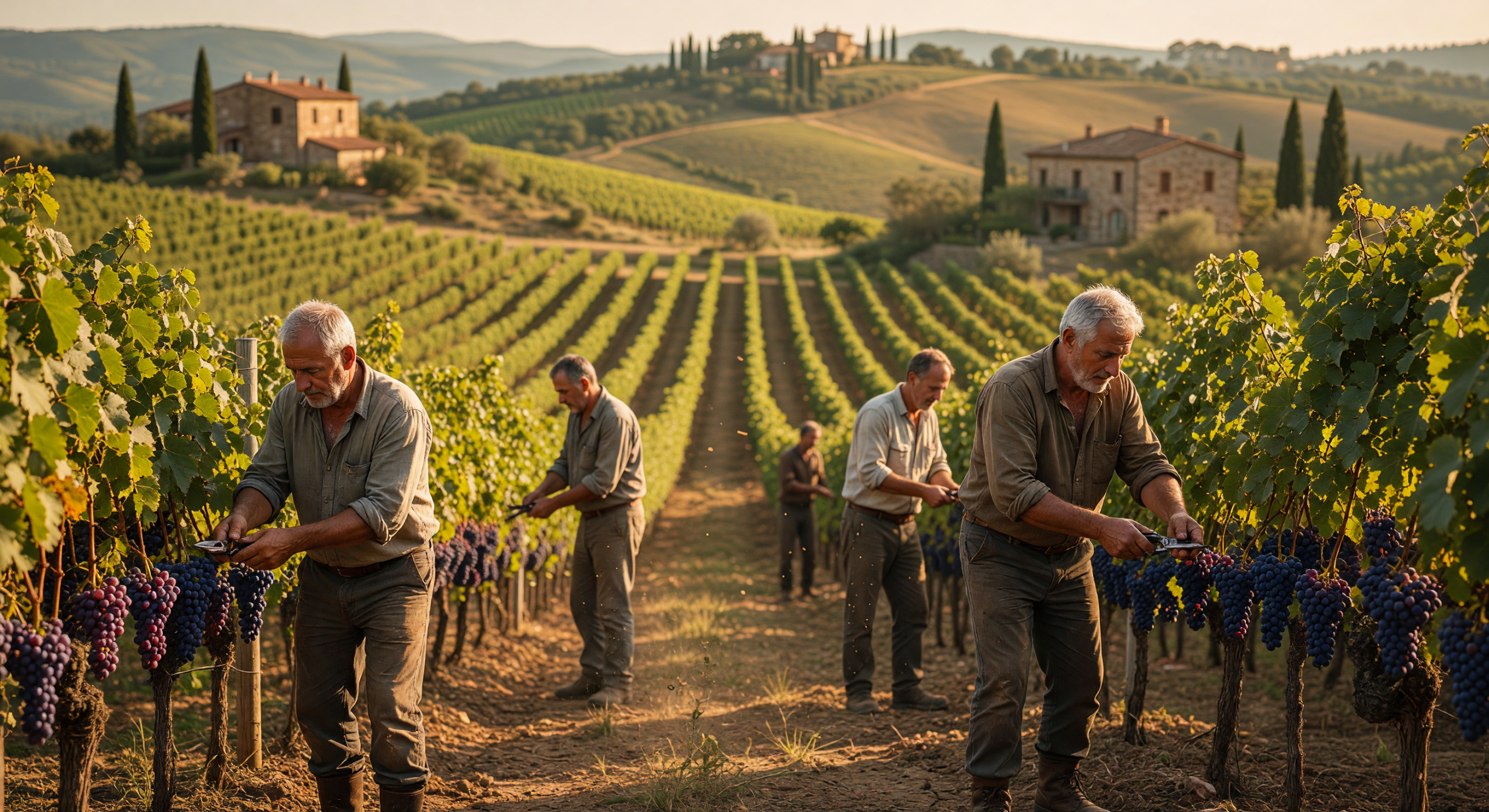 Harvesting Grapes in a Tuscan Vineyard at Golden Hour