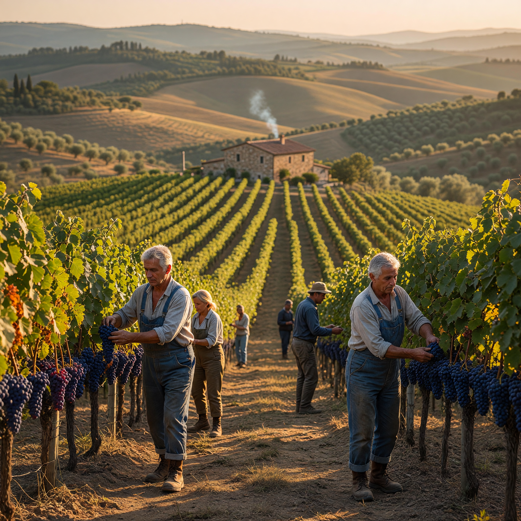 Harvesting Grapes in a Tuscan Vineyard at Sunset