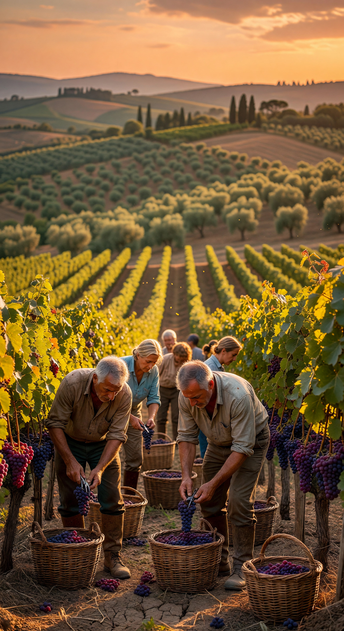 Harvesting Grapes in a Tuscan Vineyard at Sunset