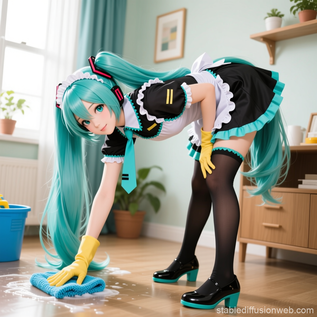 Hatsune Miku in Maid Outfit Cleaning the Floor