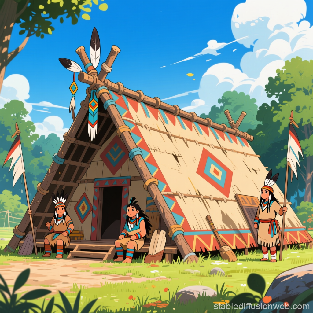 Haudenosaunee Longhouse with Tribal Figures in Bright Daylight