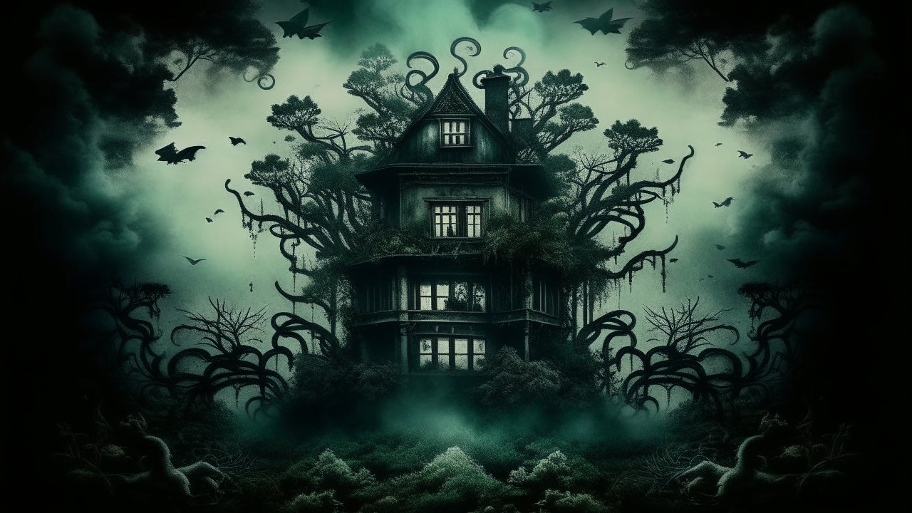 Haunted House Entwined with Dark Twisted Trees