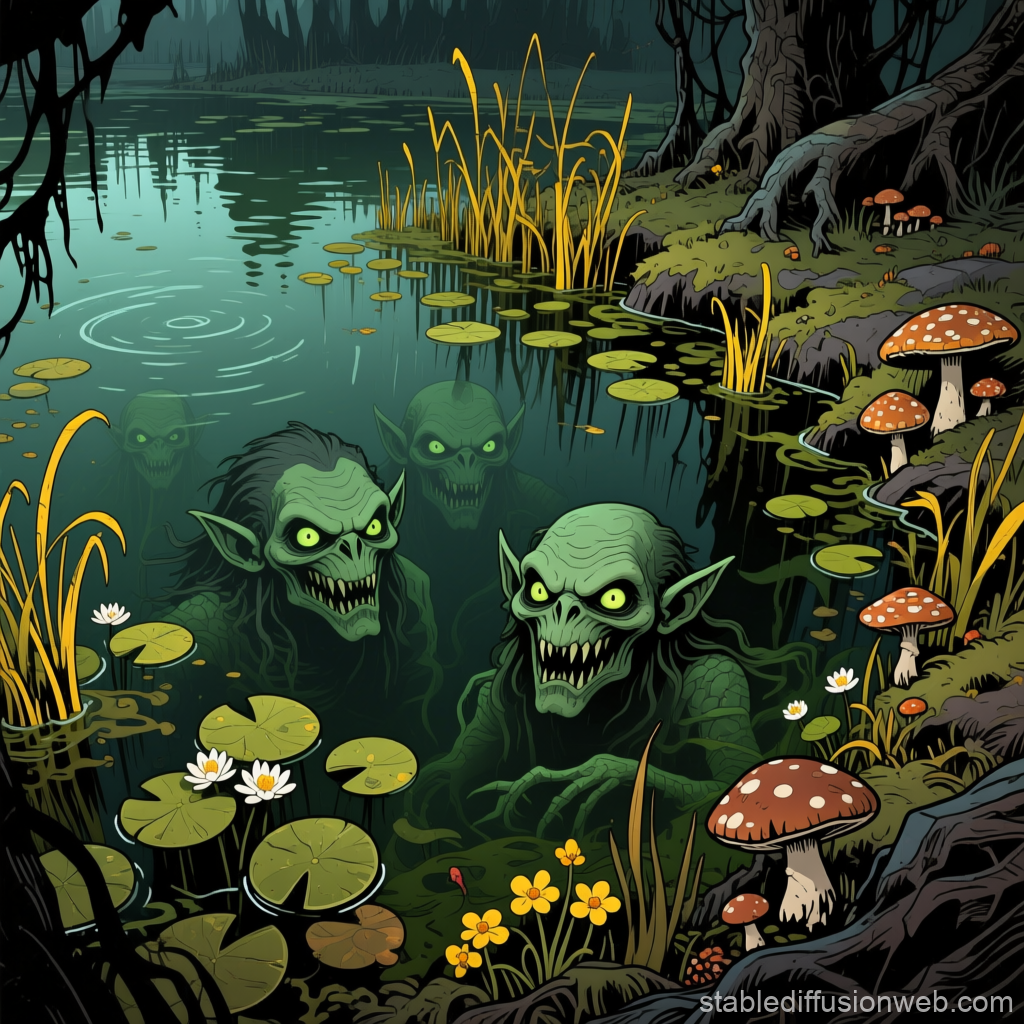 Haunted Lake with Goblin Creatures Emerging
