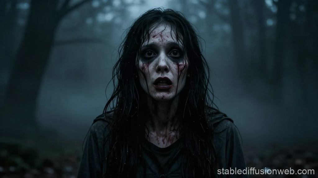 Haunted Woman in Dark Forest Horror Scene