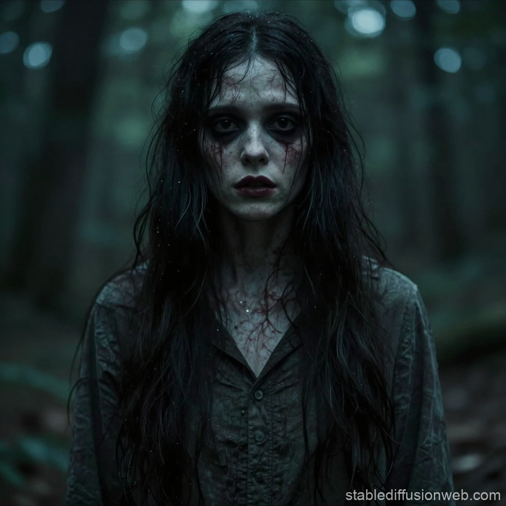 Haunting Portrait of a Pale Woman in Dark Forest