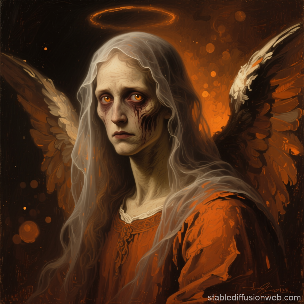 Haunting Vintage Angel with Fiery Halo and Wings