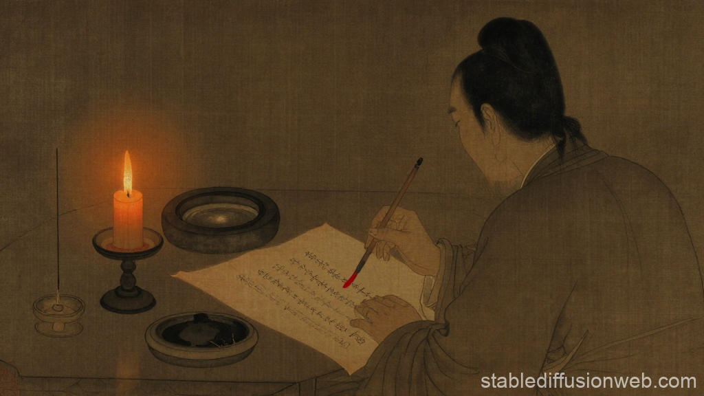 Healer Writing a Talisman by Candlelight