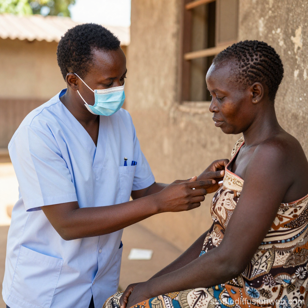 Health Worker Explains Vaccination to Woman in Outdoor Setting