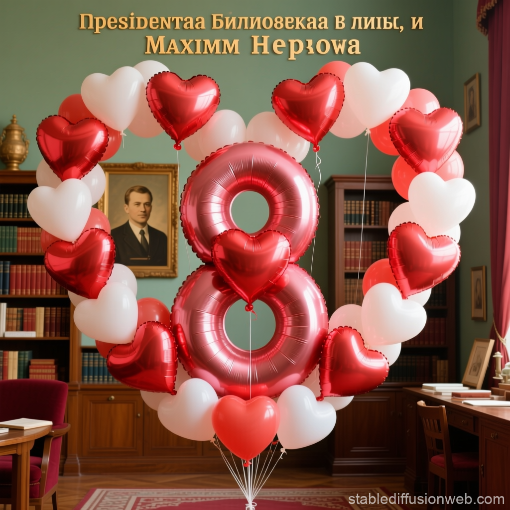 Heart-Shaped Balloons Forming Number 8 in Elegant Library