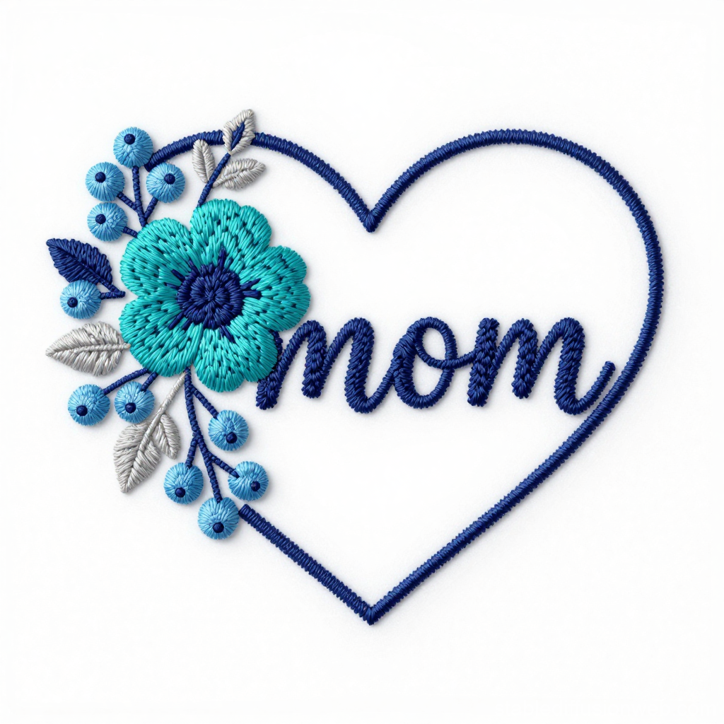 Heart-Shaped Embroidery Design with 'Mom' and Blue Floral Accents