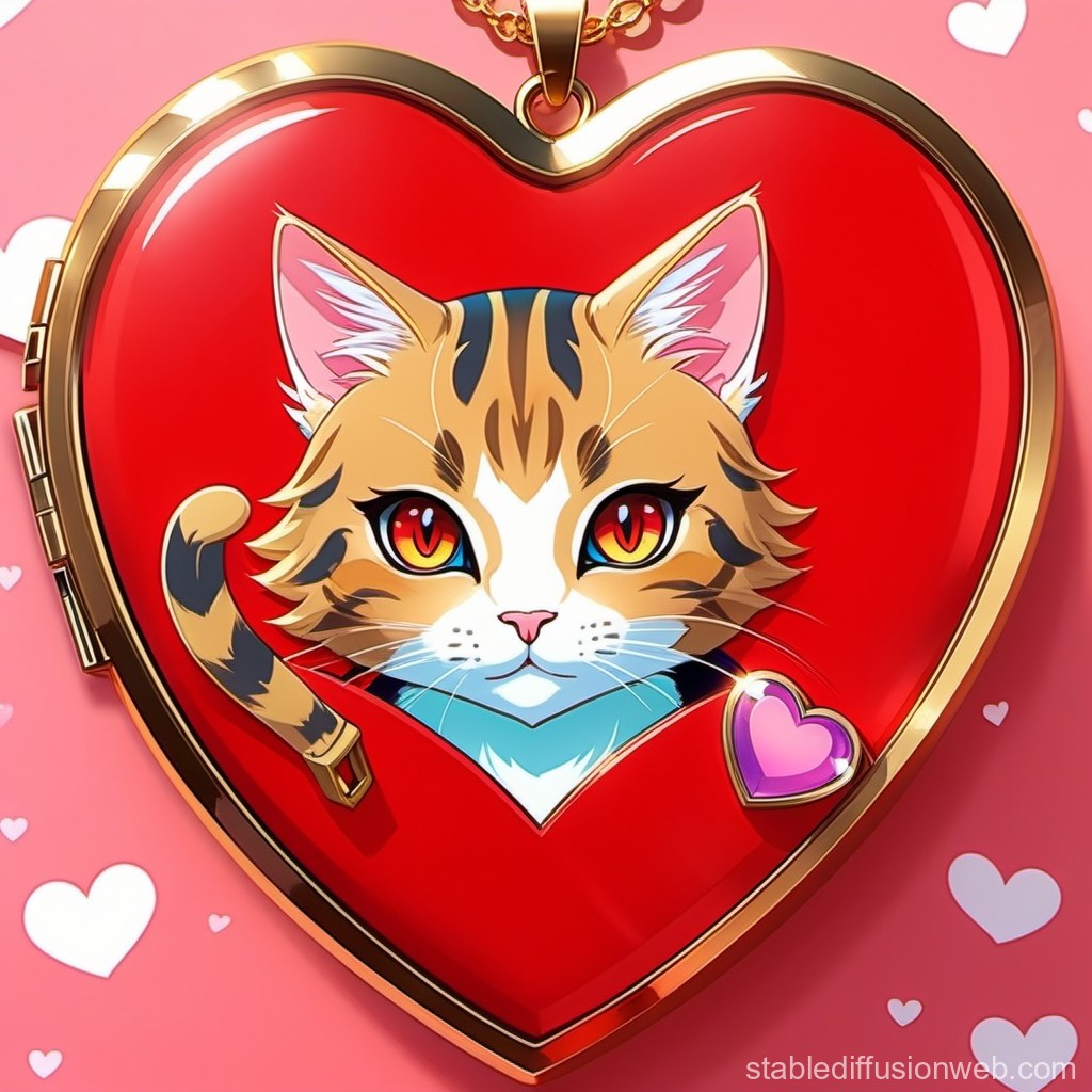 Heart-Shaped Locket with Anime Cat Portrait