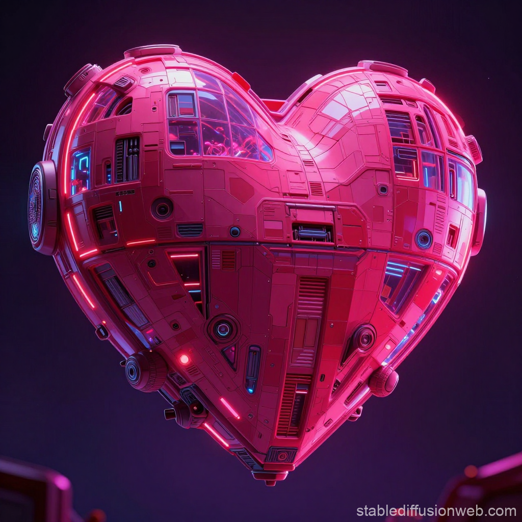 Heart-Shaped Spaceship with Neon Lights in Space