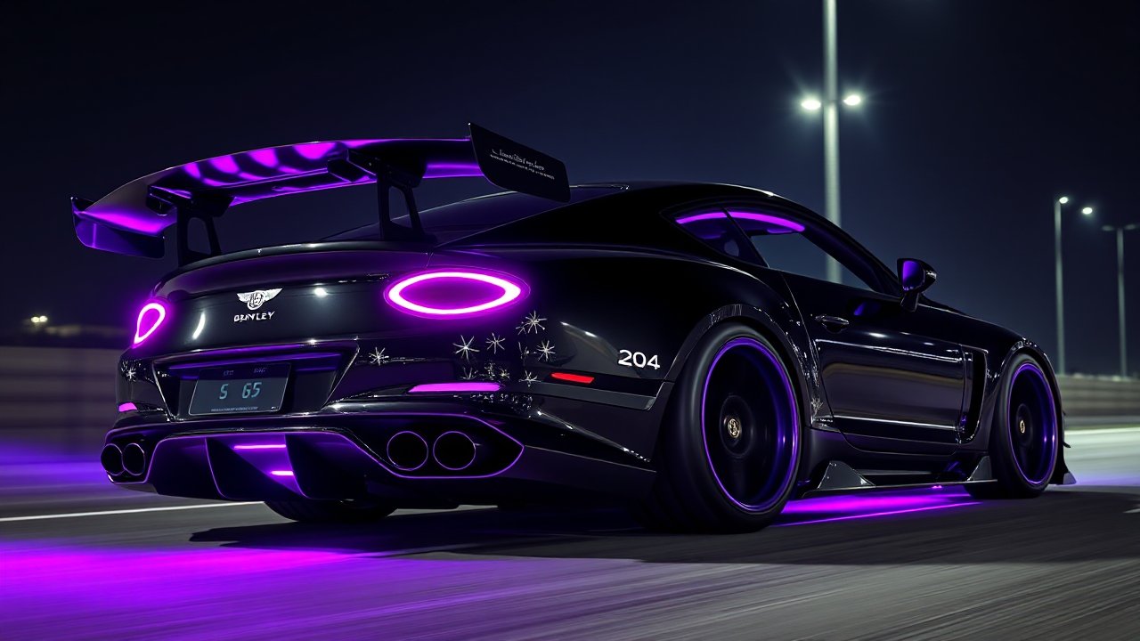 Heavily Customized Bentley with Neon Purple Lighting at Night