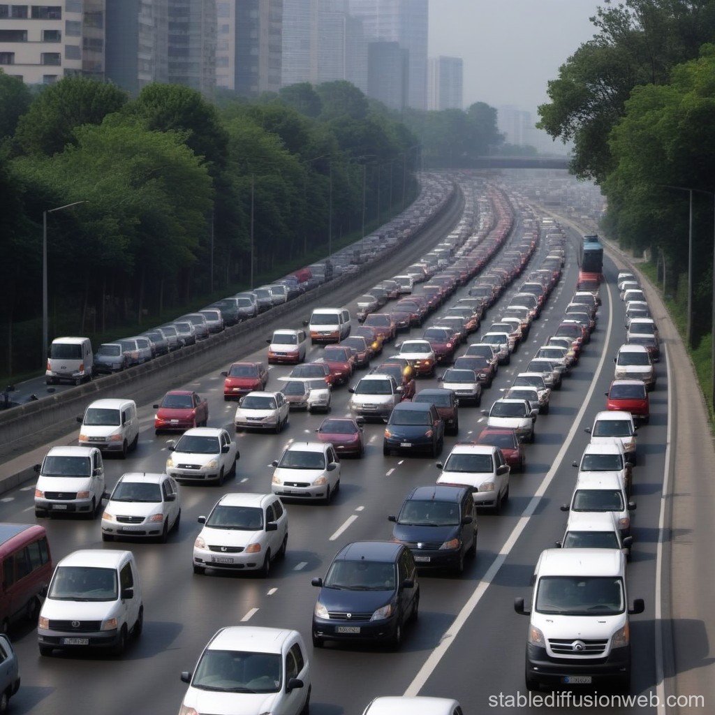 Heavy Traffic Jam on Urban Highway with Skyscrapers