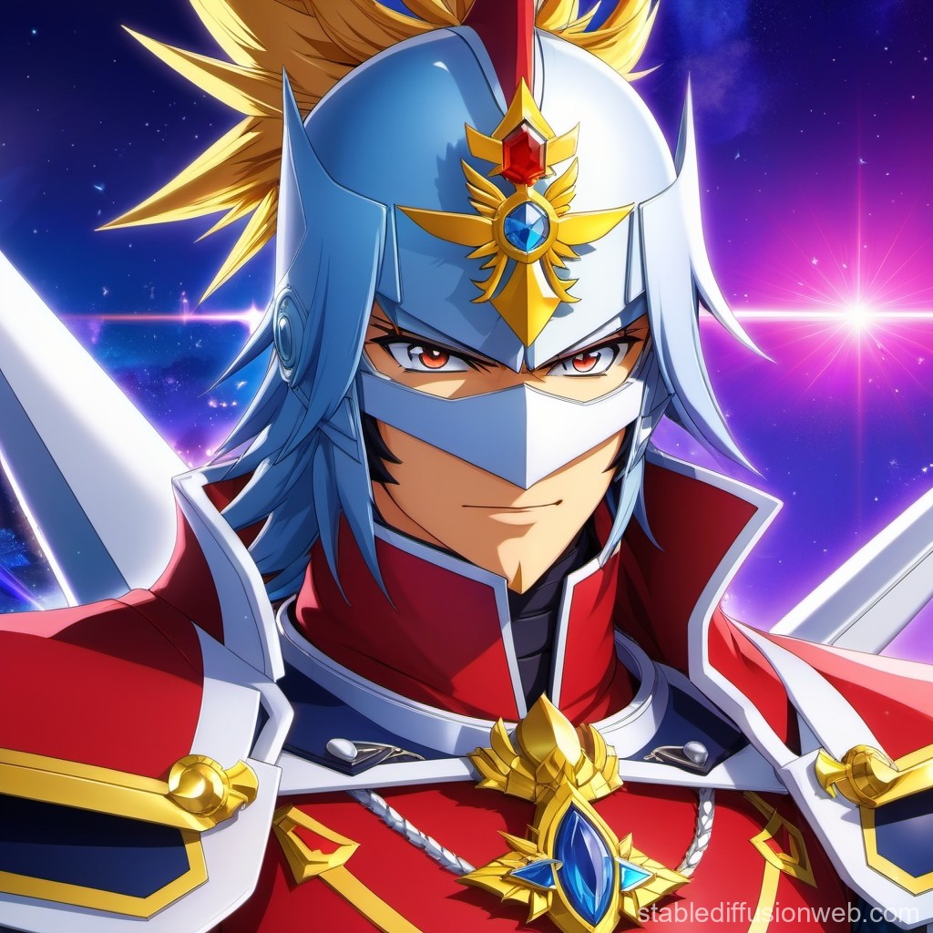 Heroic Anime Knight in Ornate Armor with Cosmic Background