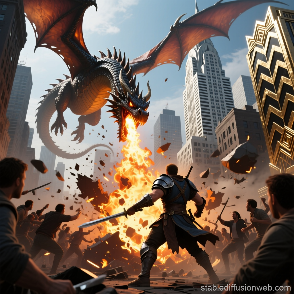 Heroic Battle Against Fire-Breathing Dragon in City