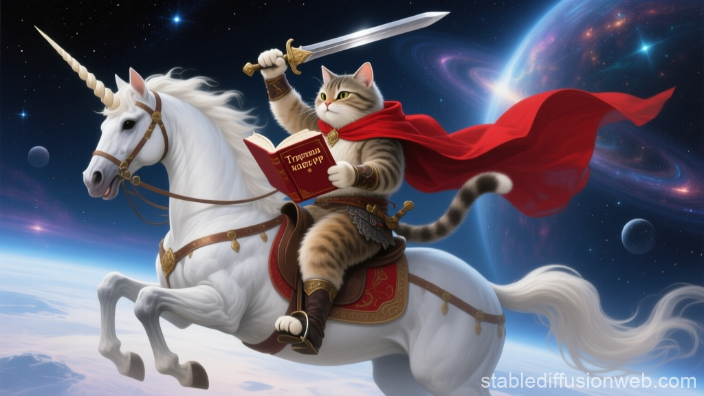 Heroic Cat Warrior Riding a Majestic Unicorn in Space