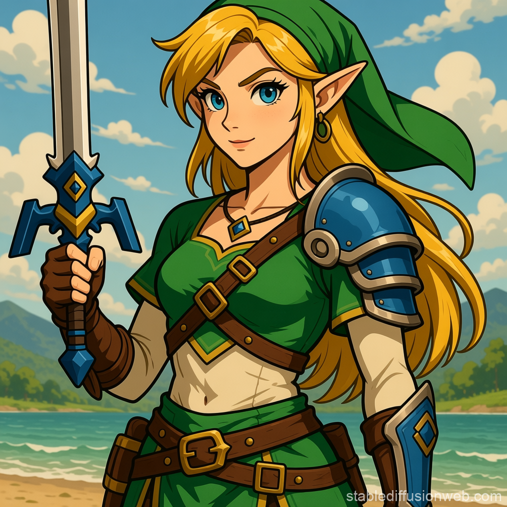 Heroic Elf Warrior with Sword by the Seashore