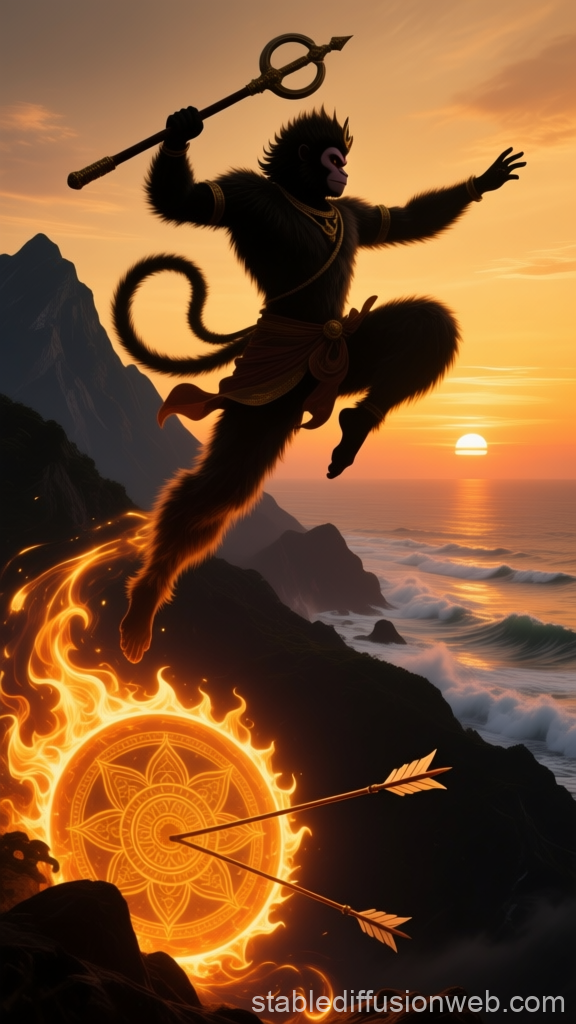 Heroic Hanuman Leaping at Sunset with Fiery Chakra