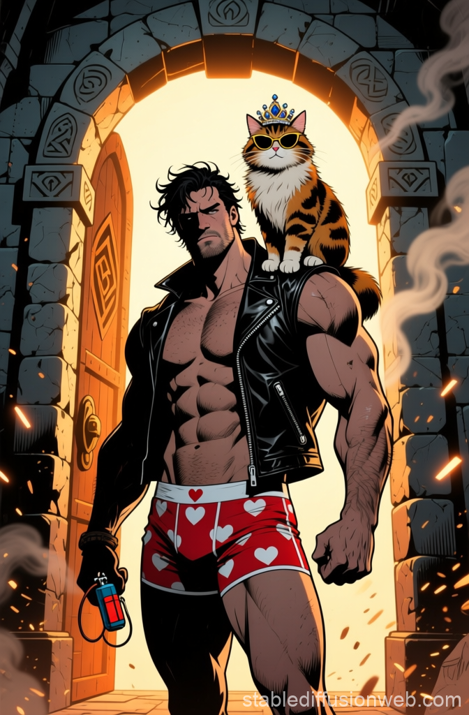 Heroic Man with Cat Wearing Crown and Sunglasses