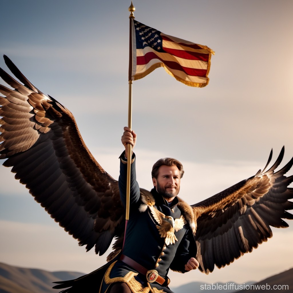 Heroic Man with Eagle Wings Holding American Flag