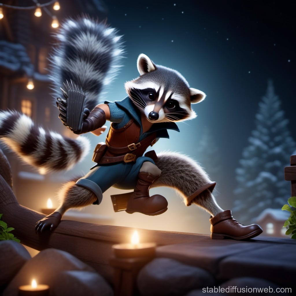 Heroic Raccoon Warrior in a Snowy Village at Night