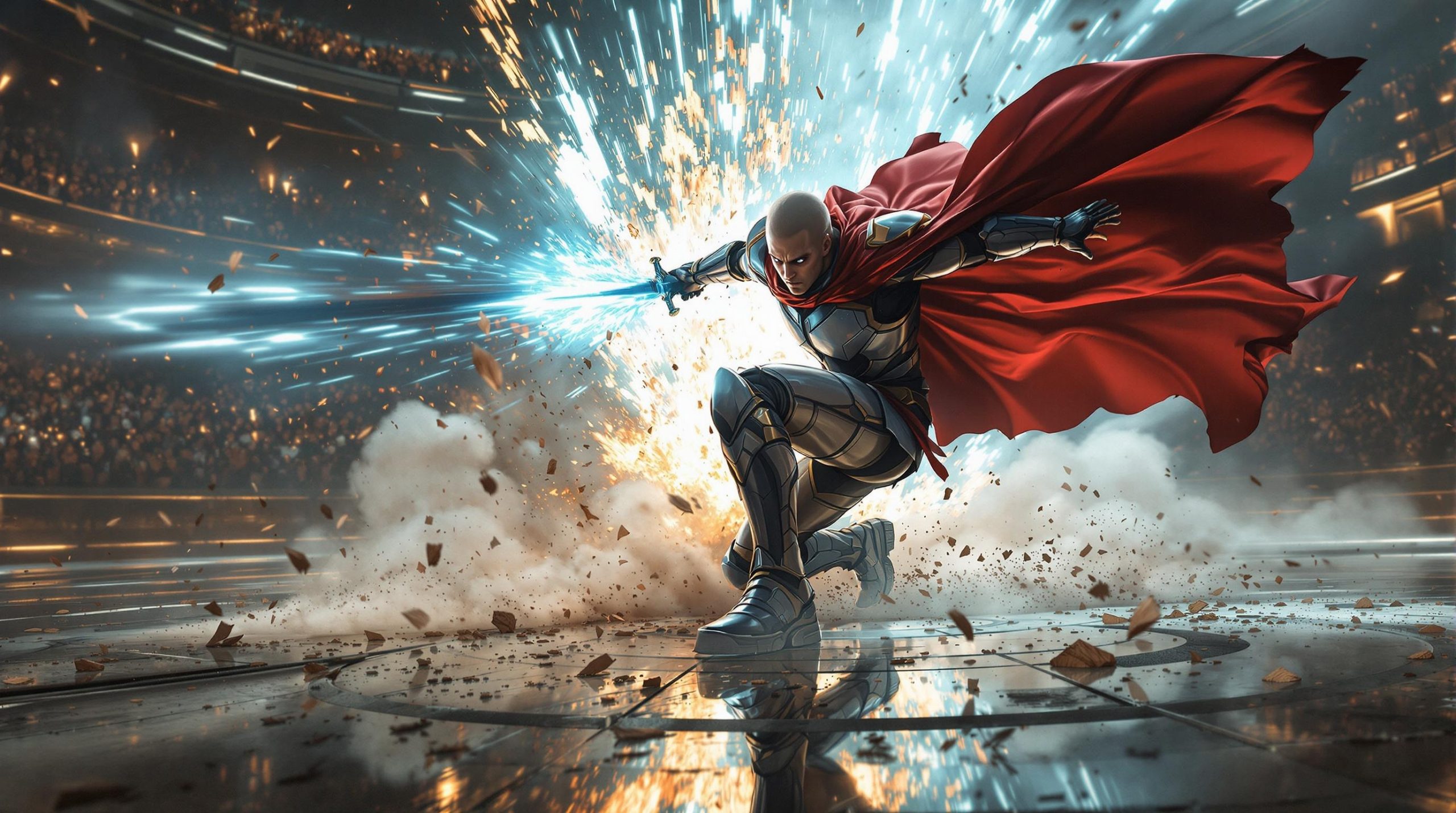 Heroic Warrior Mid-Leap with Energy Sword and Red Cape