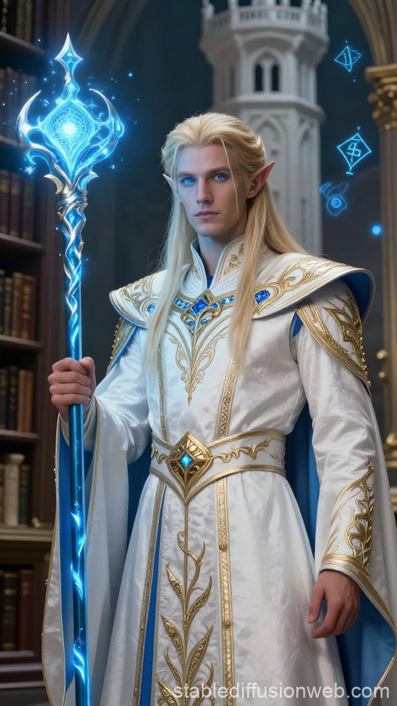 High Elf Mage in Ornate White and Gold Robes