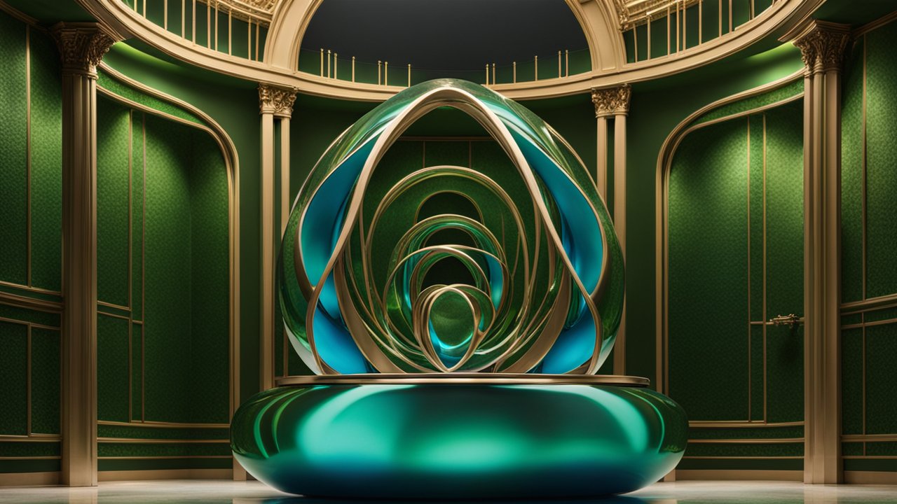 High-End Abstract Sculpture in Luxurious Green and Gold Interior