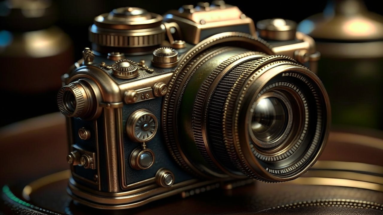 High-End Steampunk DSLR Camera with Intricate Details