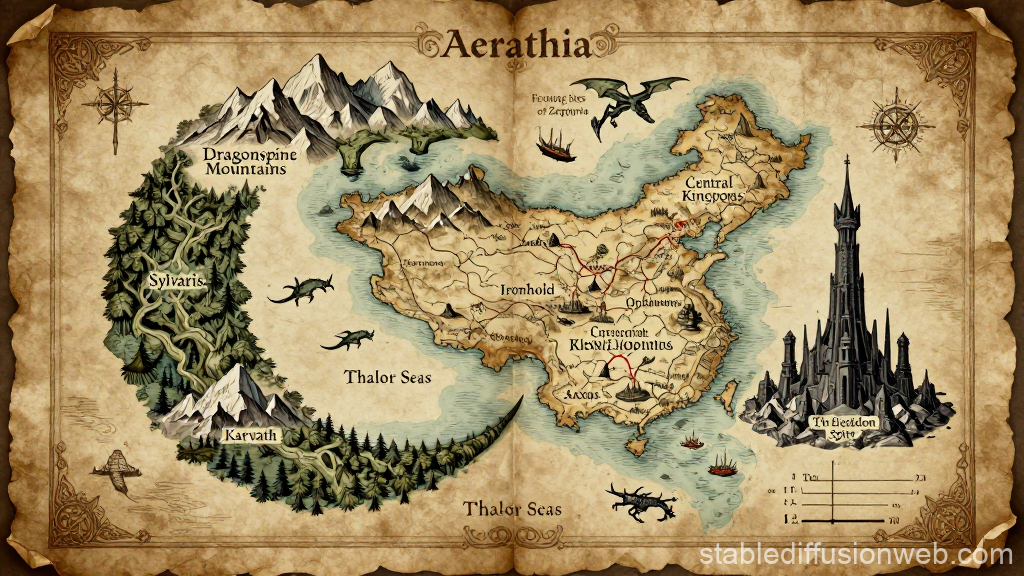 High Fantasy Map of Aerathia with Dragons and Castles