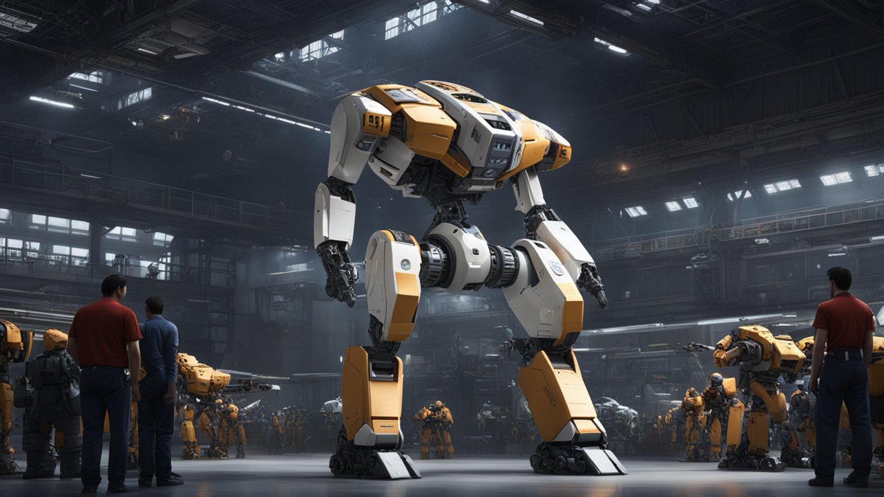 High-Tech Mech Robot in Futuristic Factory