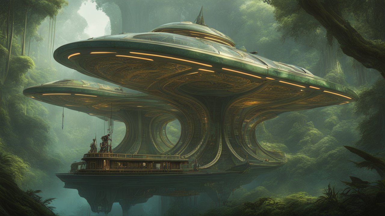 High-Tech Solarpunk Floating Structure in Lush Forest