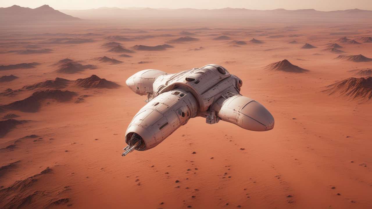 Highly Detailed Spaceship Flying Over Desert Landscape