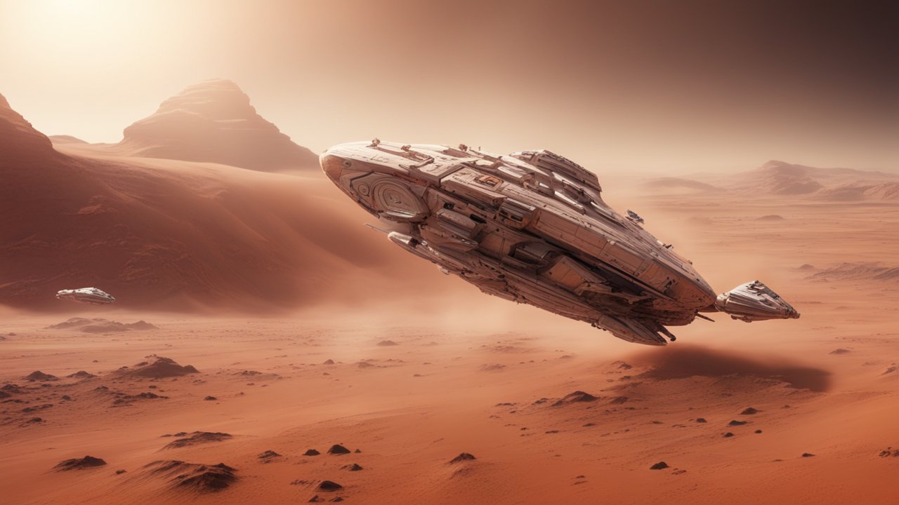Highly Detailed Spaceship Flying Over Desert Planet