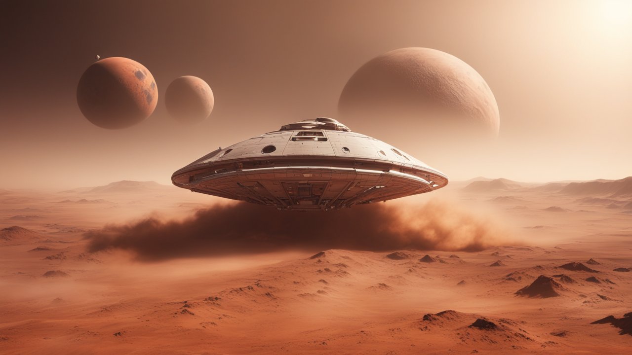 Highly Detailed Spaceship Hovering Over Alien Desert Landscape