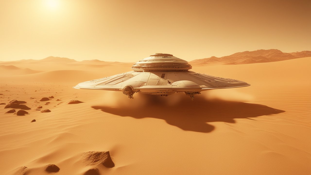 Highly Detailed Spaceship Hovering Over Desert Landscape
