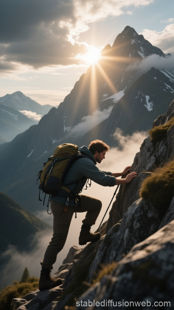 Hiker Climbing Rocky Mountain at Sunrise
