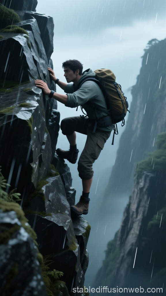 Hiker Climbing Steep Rocky Cliff in Rain