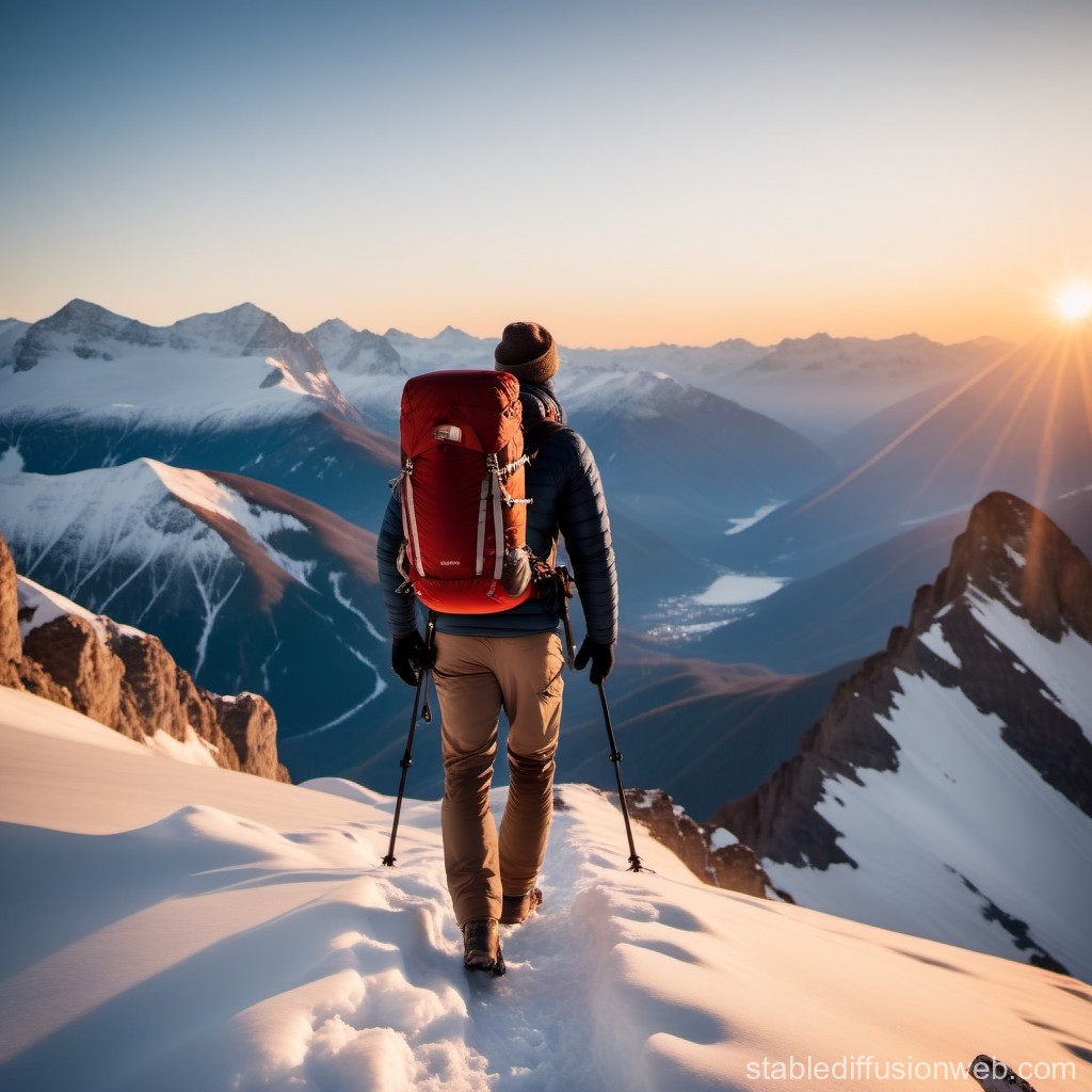 Hiker Trekking Through Snowy Mountain at Sunrise