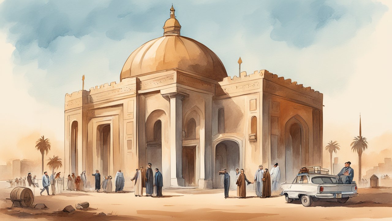 Historic Baghdad East India Building with People and Vintage Car